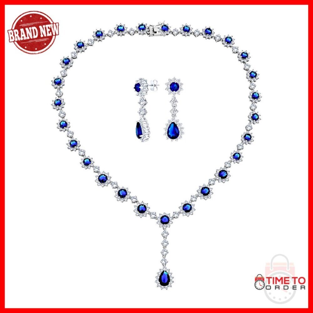 Vintage Bridal Jewelry Set 5 CTW Oval Halo Necklace Drop Earrings Silver
